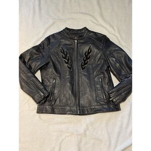 UNIK Premium Leather Biker Jacket XL Black Flame Embroidered Studded Motorcycle